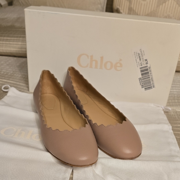 Chloe Shoes - Chloe Pink Tea All Leather Scalloped Ballet Flats